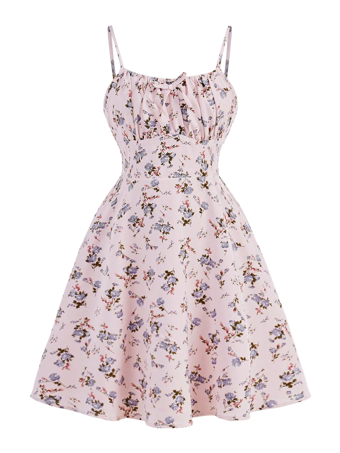 RoseSeek Girl's Floral Print Summer Dress Bowknot Ruched Bust A Line Cami Dress High Waist Ruffle Hem Cute Sun Dresses