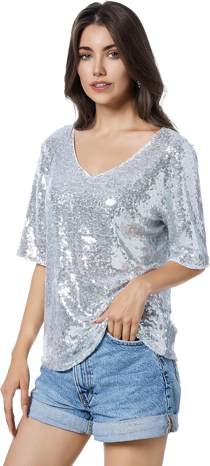 Women’s Sequin Tops Glitter V Neck Loose Summer Shirt Half Sleeve Sparkly Disco Party Plus Size Tunic Blouses
