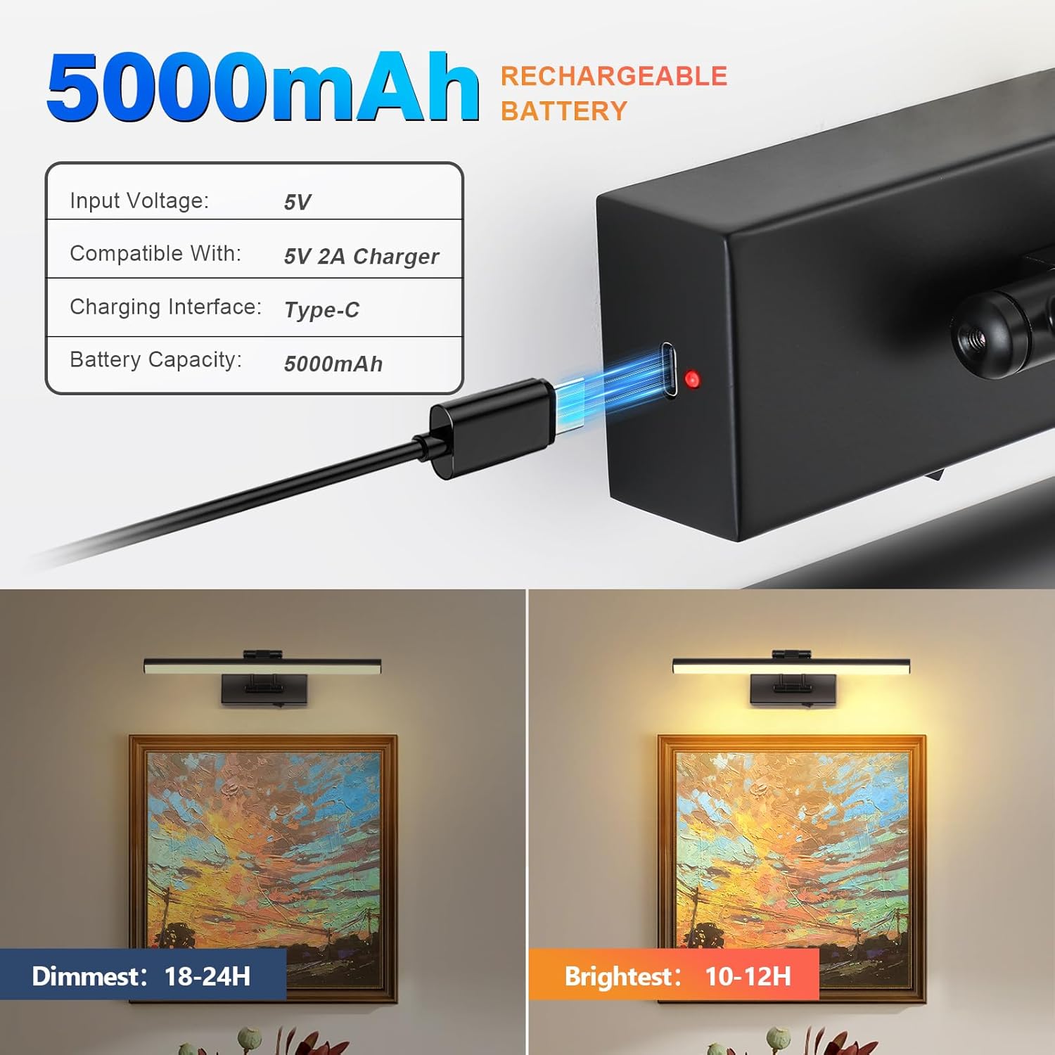 JUSHENG Black Picture Lights for Wall Battery Operated Gallery Lights 3CCT Dimmable Art Lamp Wireless Painting Lights for Display, Portraits 15.35'' Inch 3W