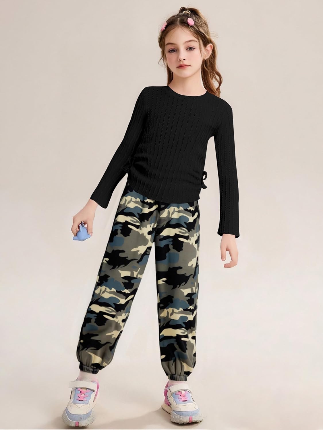 Girls' Clothing Sets Ribbed Knit Crewneck T-Shirt & Camo Print Elastic Waist Pants Girls Clothes Size 6-16Y - Image 3