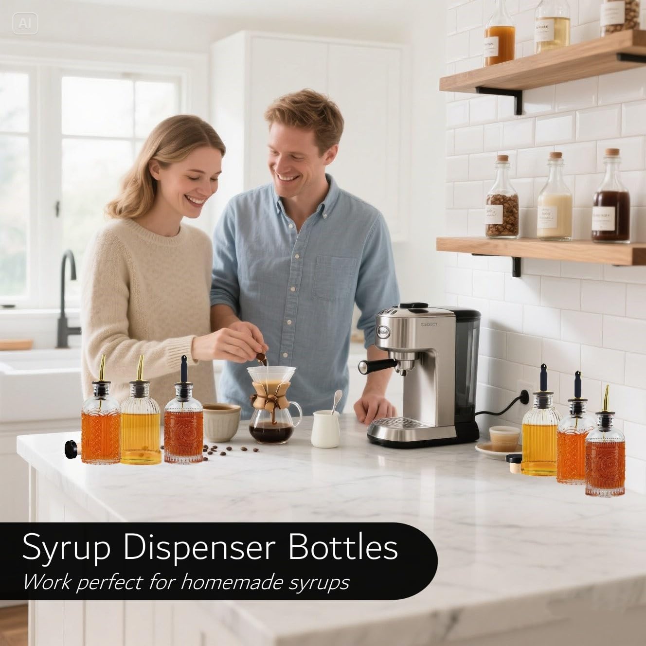 Simple Syrup Bottles Set of 6, Glass Coffee Syrup Dispenser Bottles 7 OZ With Metal Pour Spout, Labels and Stopper, Glass Syrup Dispenser for Maple Honey Syrup Oil and Sauces, SC060 - Image 2