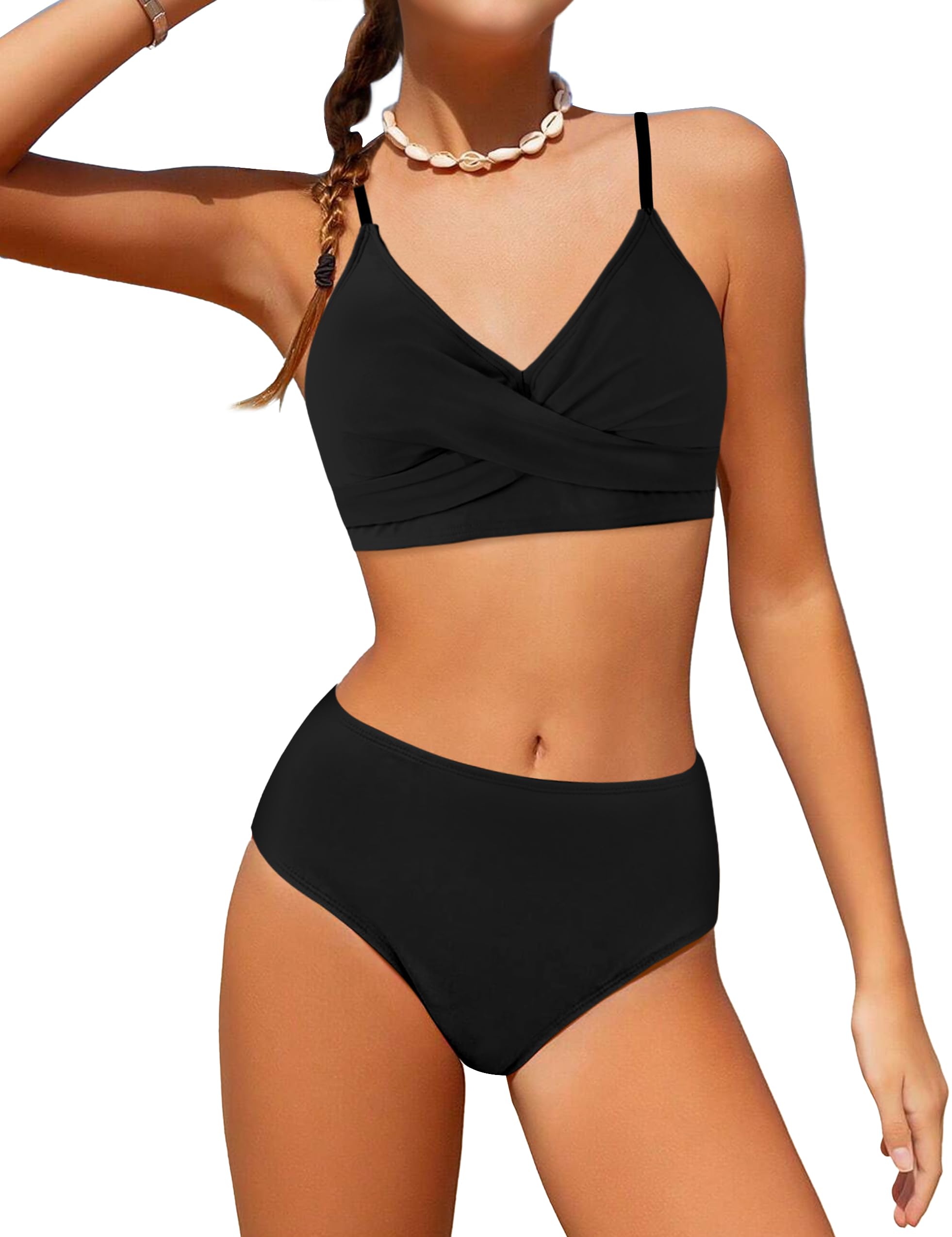 WIQI Conjunto de bikini de 2 piezas para niñas, con bloques de color, entrecruzado, talla 9-16