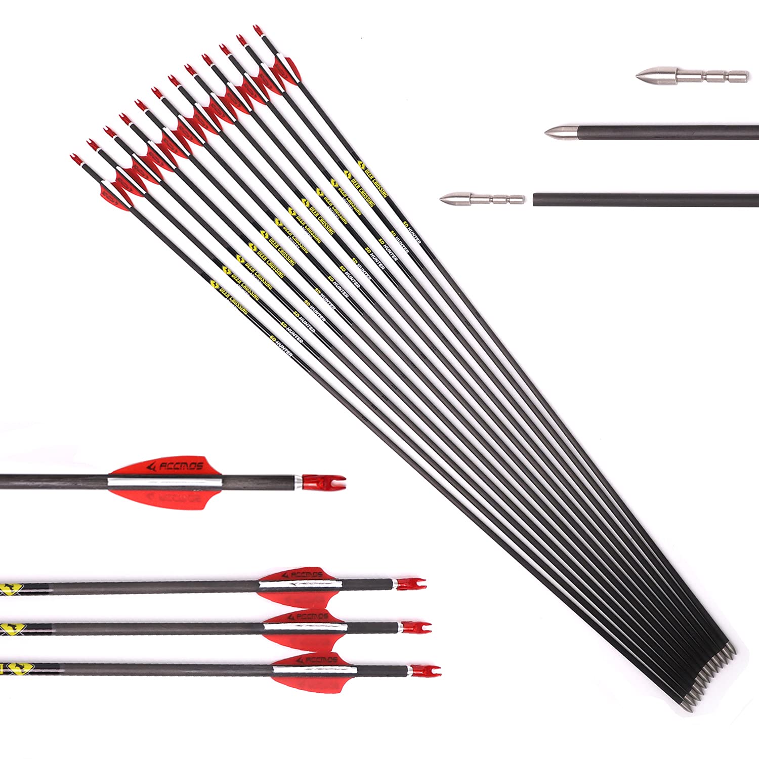 ACCMOS 31 Pollici Frecce in Carbonio Spine 250 350 400 500 600 700 800 900 1000 OD 5,6mm ID 4,2 mm Caccia Pratica Frecce, per Adulti Giovani Arco Compound Arco Ricurvo Riprese 6/12 Pezzi