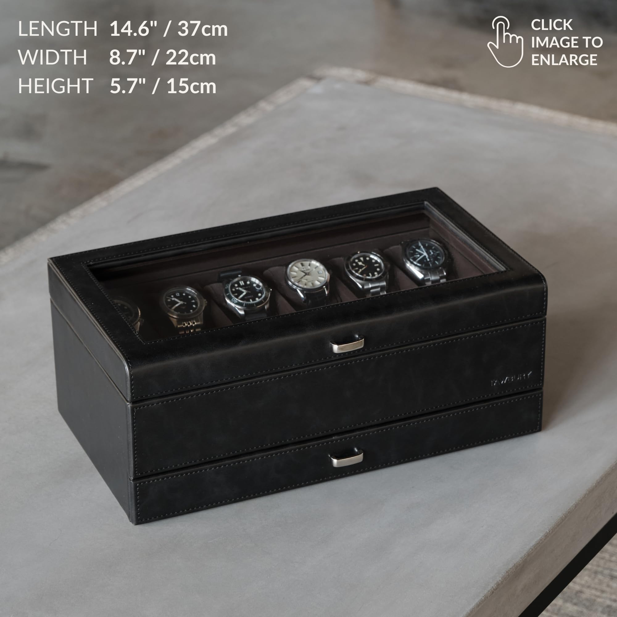 TAWBURY Caja de reloj de 12 ranuras con cajón de almacenamiento, caja de reloj de piel sintética negra de alta calidad para hombre, fácil apertura con una sola mano, interior de terciopelo de felpa
