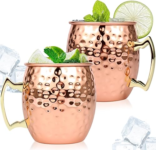 Moscow Mule - Juego de 2 tazas de cobre martillado de 16 onzas con asa, tazas de cobre Moscow Mule, tazas de oro rosa Moscow Mule para bebidas