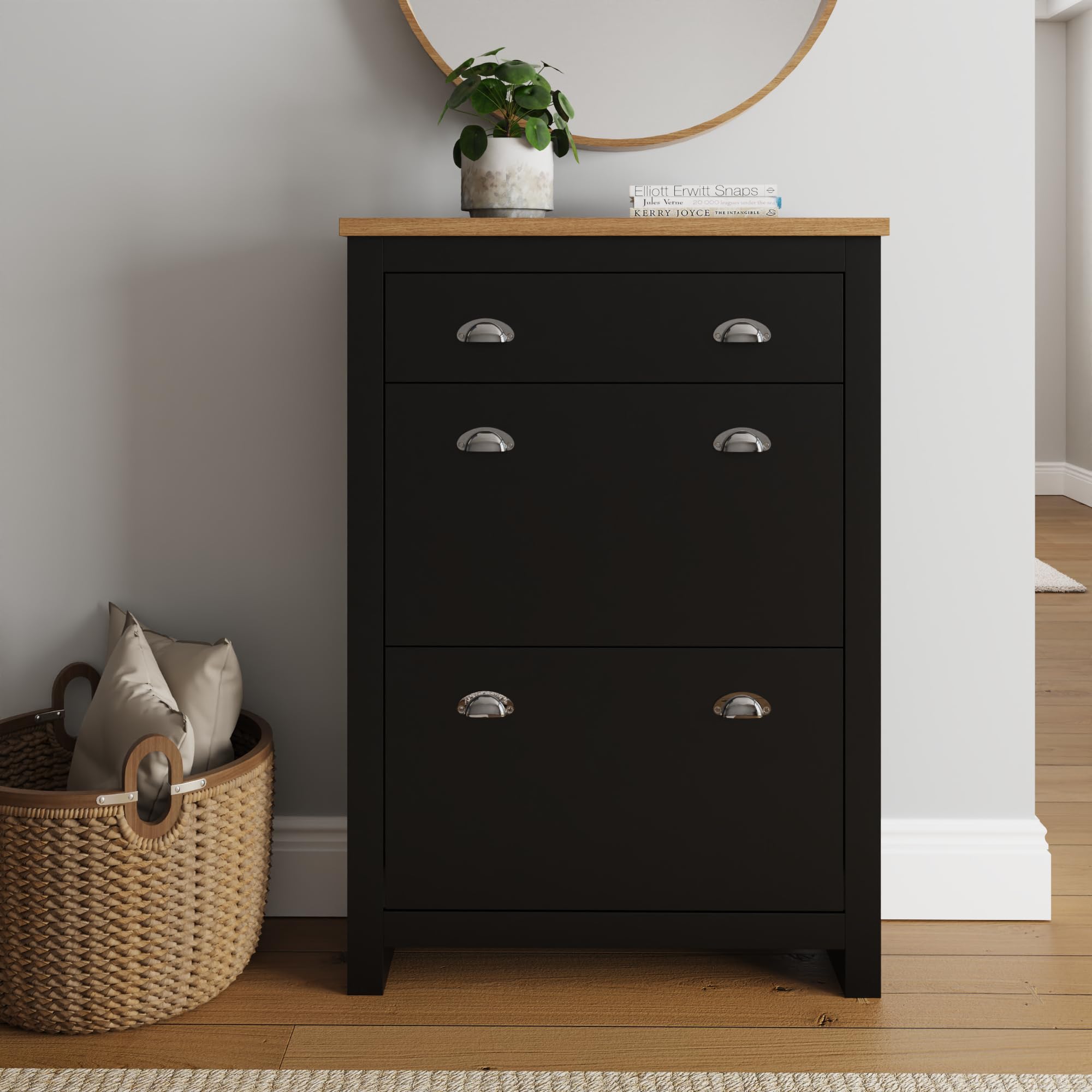 GFW Lancaster Shoe Cabinet with Drawer, Oak Effect Hallway Storage Unit for Shoes & Essentials