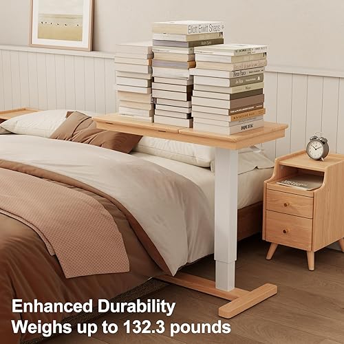 Miniatura 9 de Mesita de noche de madera maciza con ruedas, mesa de cama de hospital ajustable sobre la cama, escritorio rodante para computadora portátil,