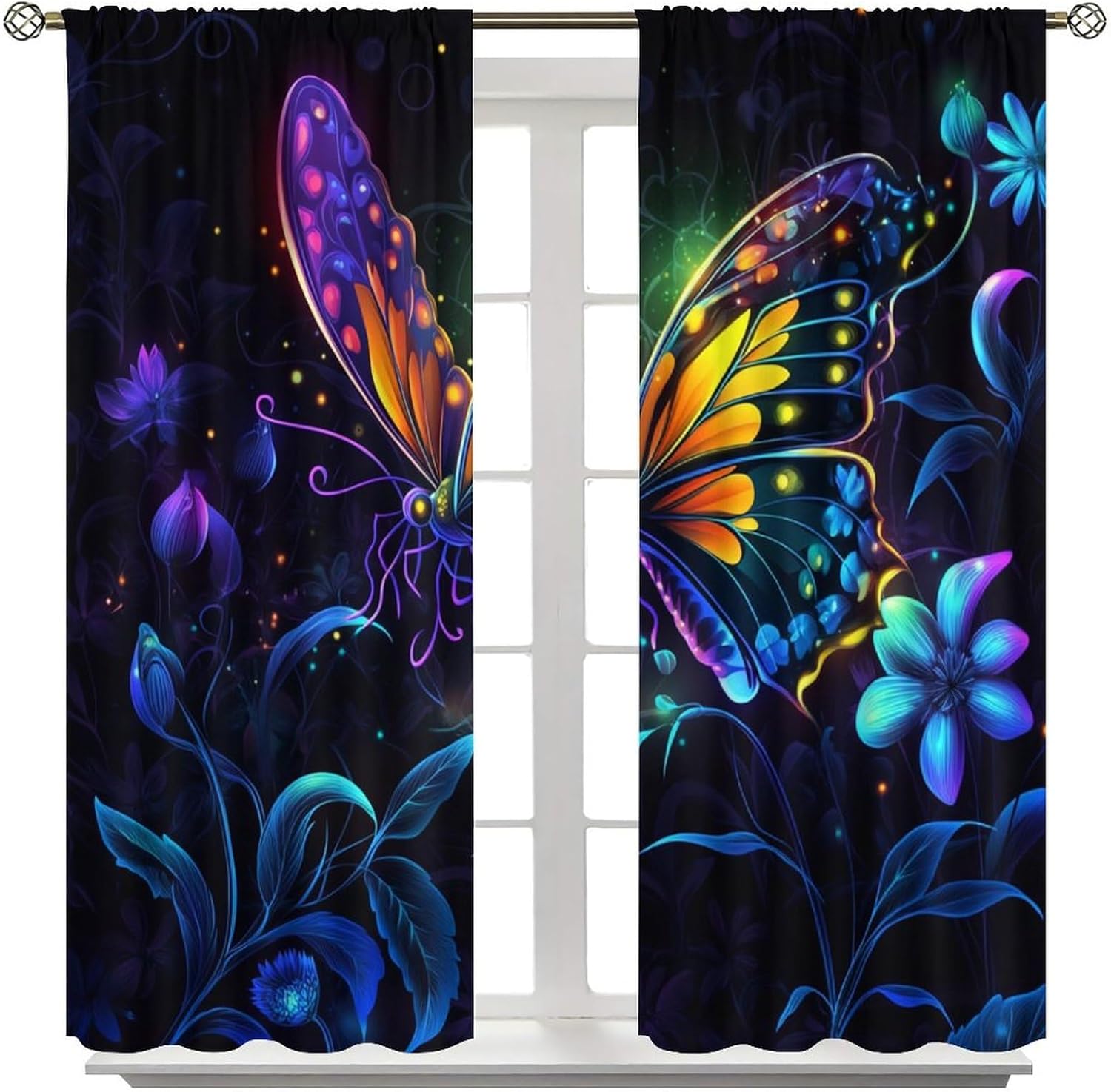 Mystical Starry Garden Blackout Curtains for Bedroom Living Room, Rod Pocket Butterfly Floral Fantasy Curtains Thermal Insulated Window Drapes 2 Panels, Each 21W x 54L