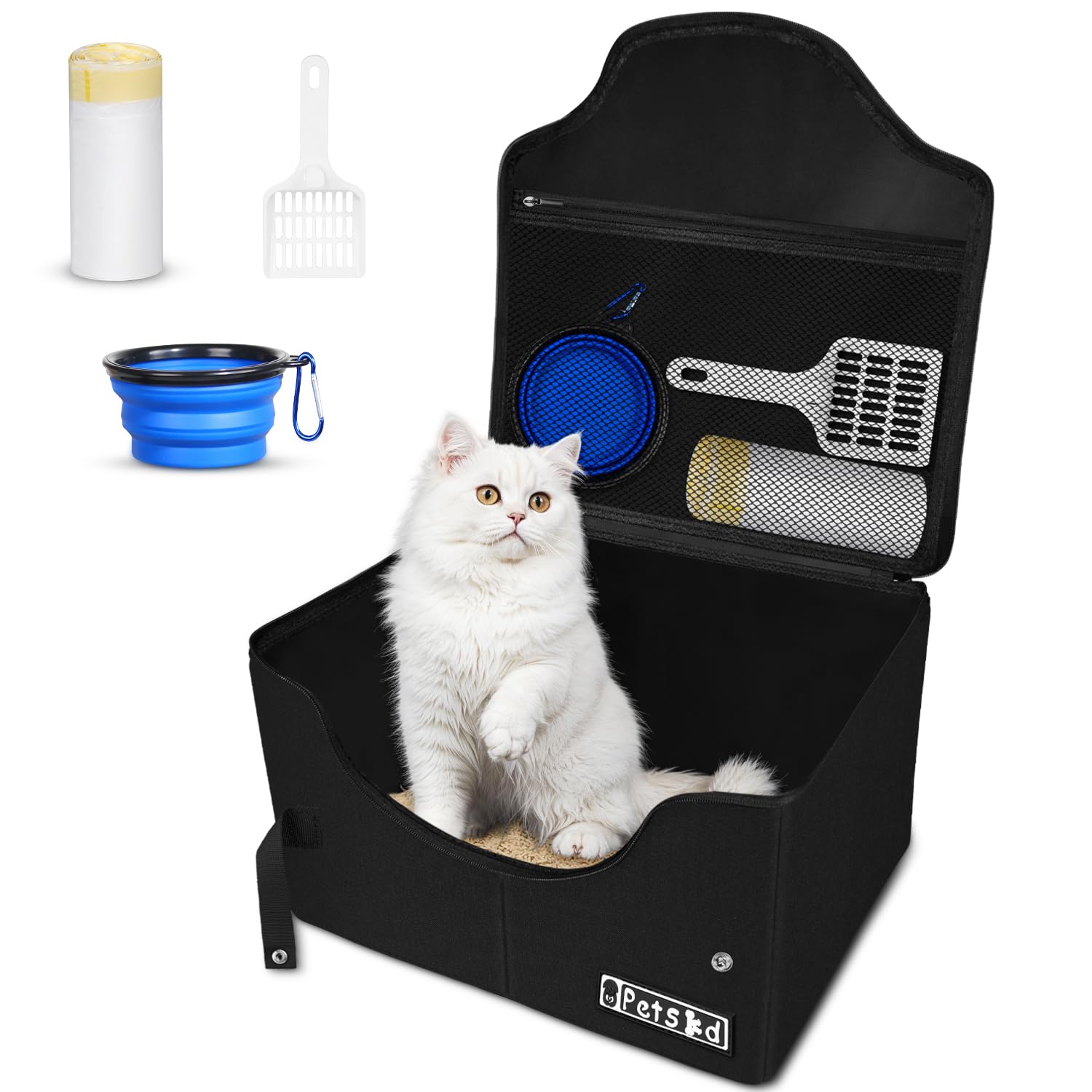 Petskd High Sides Portable Travel Litter Box for Cats with Lid, Black