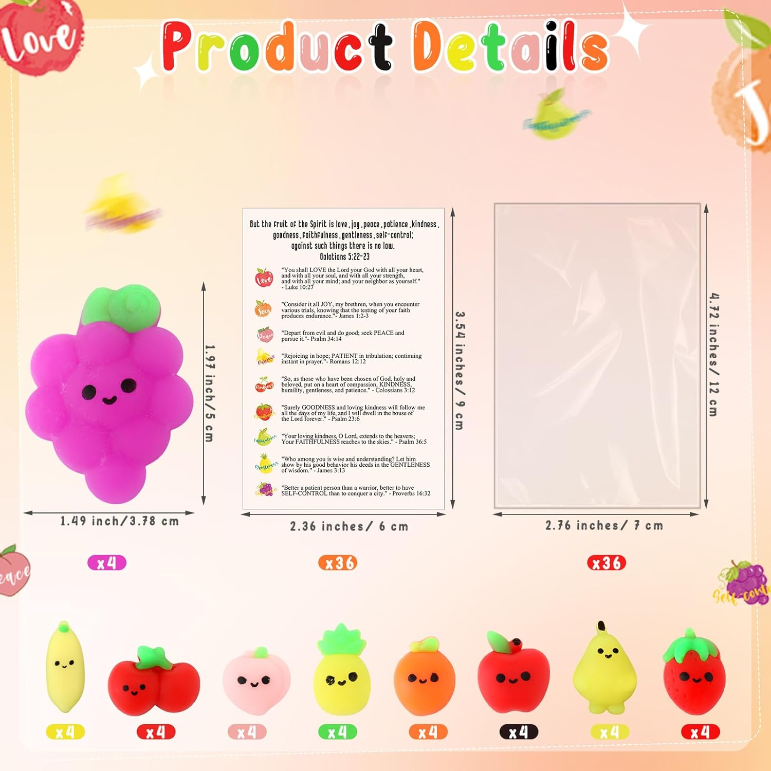 Fuyoooo 36 Sets Christian Fruit of The Spirit Gifts Bulk Mini Fruits Squeeze Religious Bible Verse Spiritual Cards Dancing Fruit for Mothers Day Church Sunday School Teacher Reward