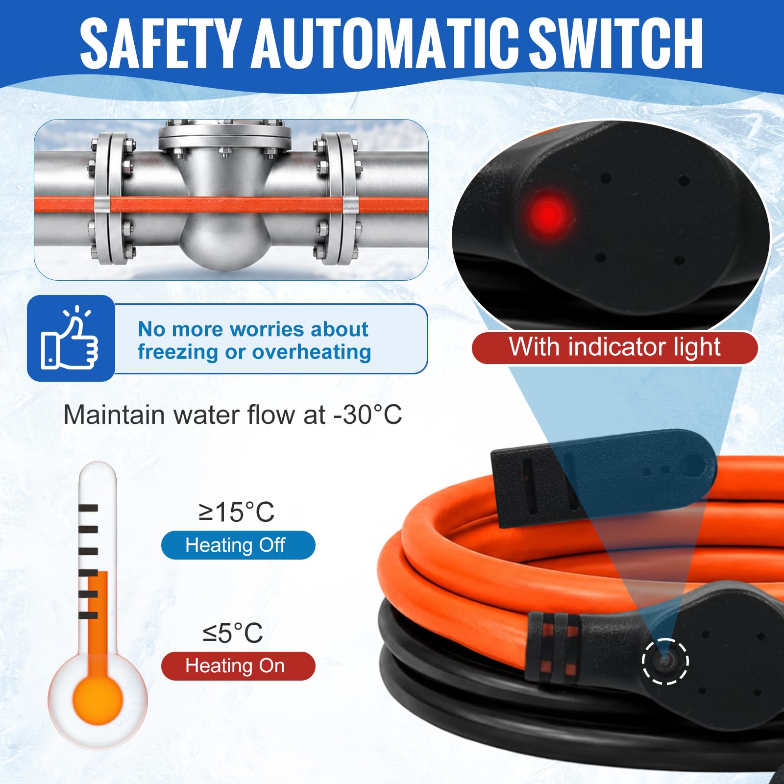 Cavo riscaldante con termostato, 25 W/m, filo riscaldante autoregolante, IP65, impermeabile (3 m)