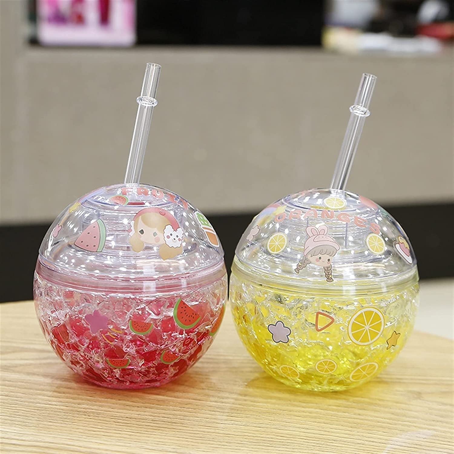 Wasserflasche für Sport Kawaii Runde Eiswasserflasche Mit Strohhalm Trinkgeschirr 400 Ml Wiederverwendbarer Kunststoff-Saft-Erdbeer-Pfirsich-Creative Cup Nachhaltige Wasserflasche ( Color : Yellow , S