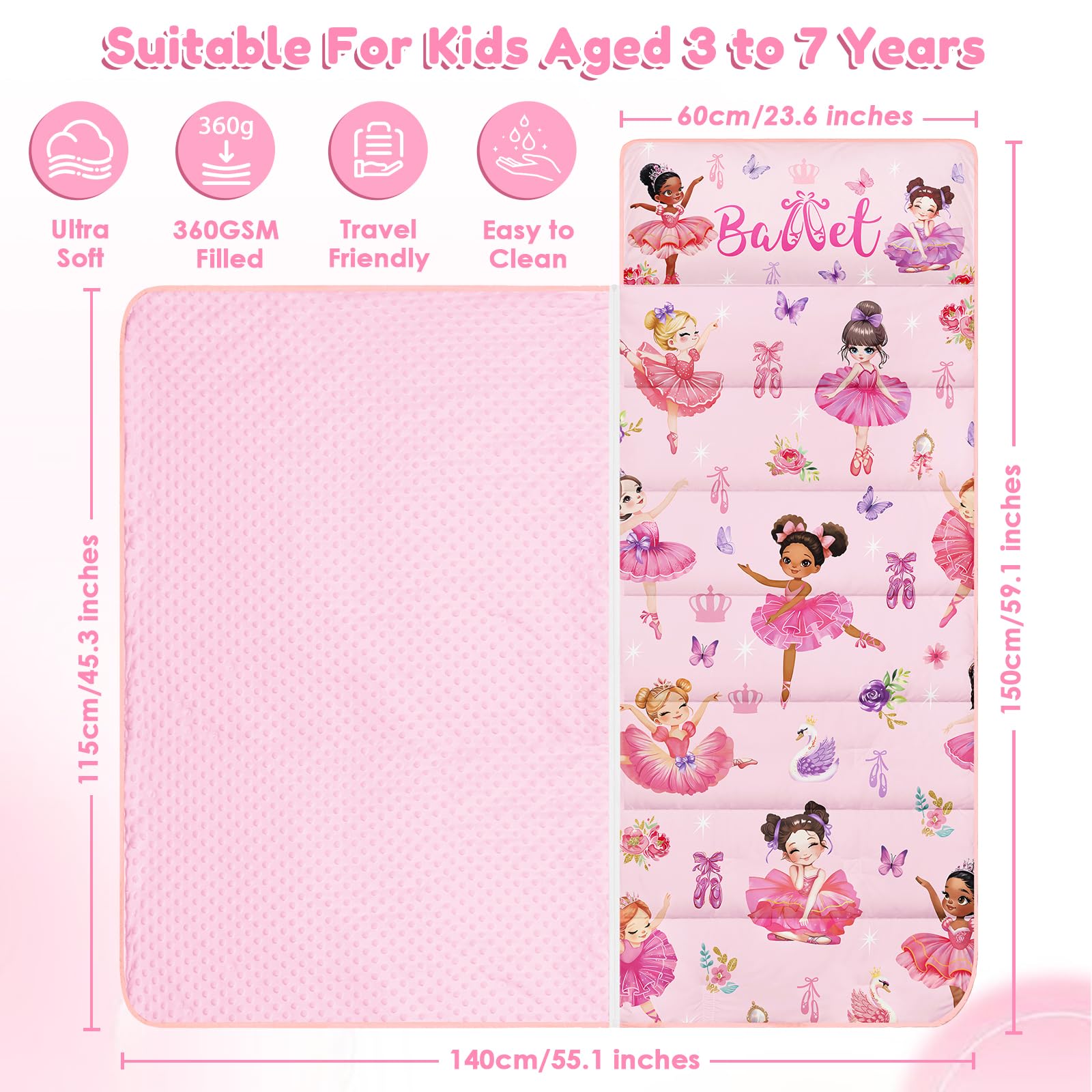 Kids Sleeping Nap Mat with Removable Pillow, 24×59 In Toddler Sleep Bag, ballet princess - Image 2