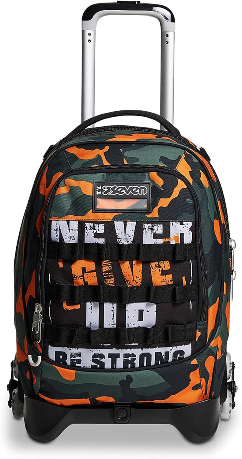 Trolley Scuola Seven Jack 3 Ruote - Camoupix Boy Bambino - Zaino Sganciabile - Doppio Uso - Arancione, Verde Militare
