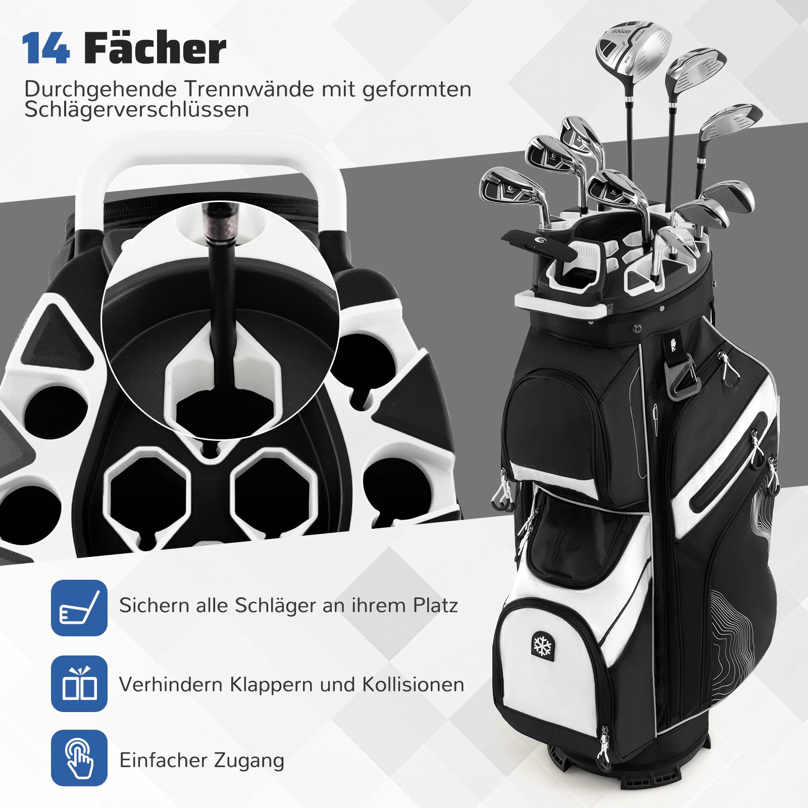 COSTWAY Torba golfowa, lekka torba na wózek golfowy z 14 przegródkami i paskiem do noszenia, przenośna torba golfowa z pokrowcem przeciwdeszczowym i 11 kieszeniami, odporna na działanie wody, dla