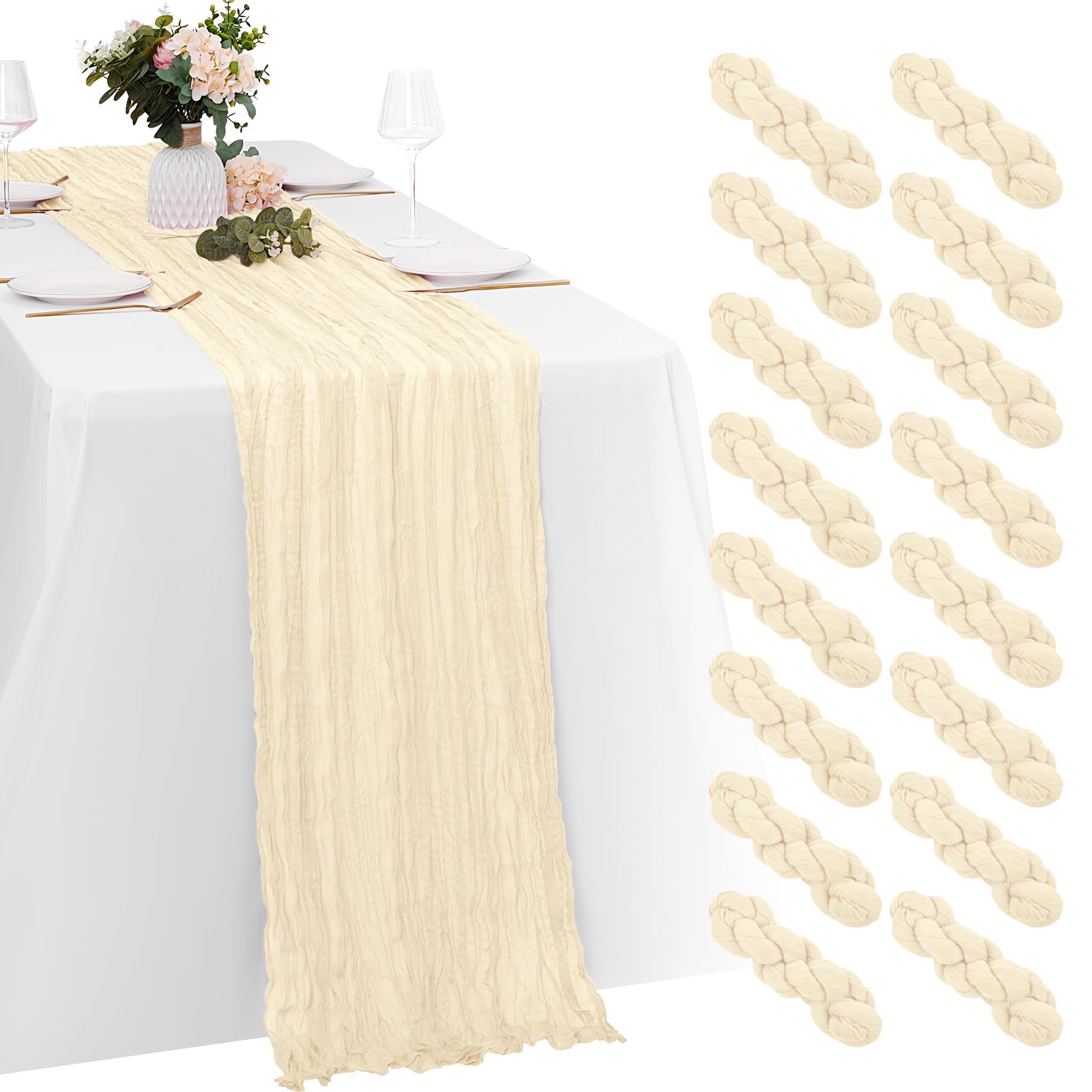 Photo 1 of 16 Pack Ivory Cheesecloth Table Runners 20x120 Inch Gauze Table Runner 10FT Easter Cheese Cloth Table Runner Rustic Sheer Runner for Wedding Baby Shower Birthday Party Table Decor