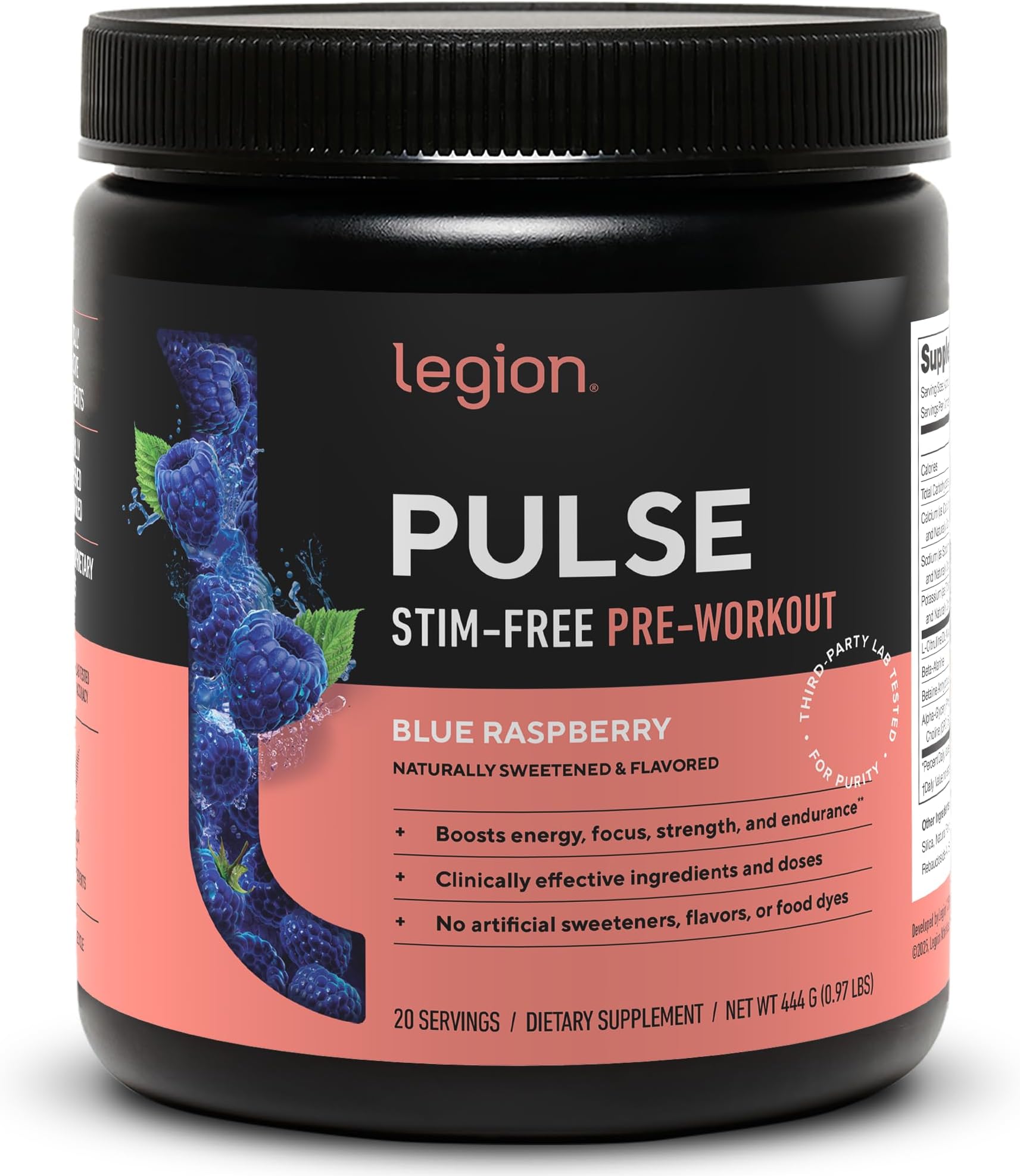 Pulse Pre Workout Supplement - All Natural Nitric Oxide Preworkout Drink to Boost Energy, Creatine Free, Naturally Sweetened, Beta Alanine, Citrulline, Alpha GPC (Caffeine Free Blue Razz)