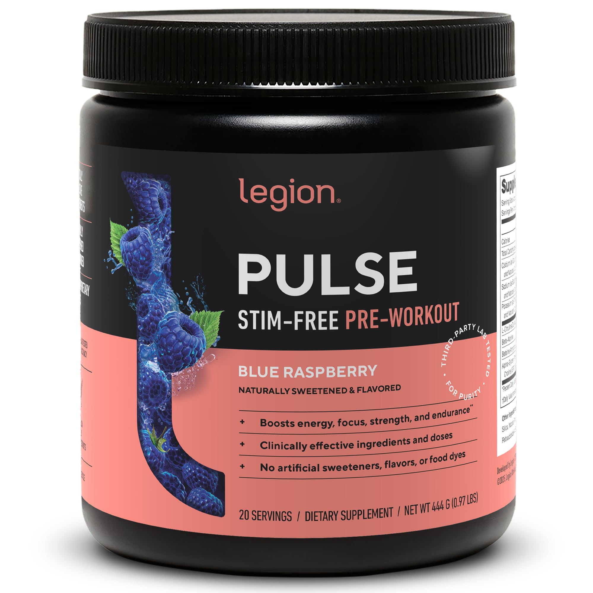 LEGION Pulse Pre Workout Supplement - All Natural Nitric Oxide Preworkout Drink to Boost Energy, Creatine Free, Naturally Sweetened, Beta Alanine, Citrulline, Alpha GPC (Caffeine Free Blue Razz)