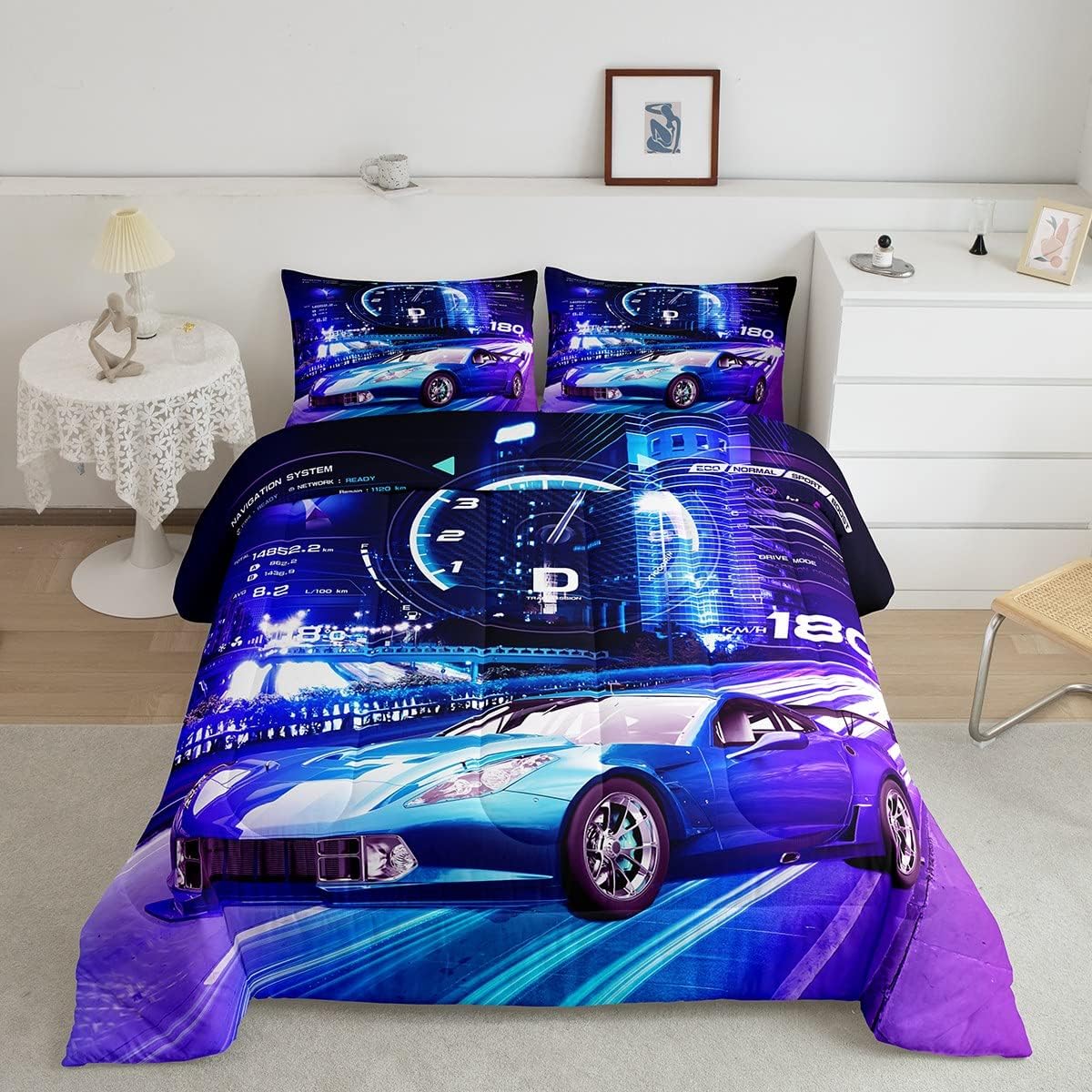 Feelyou Purple Blue Race Car Comforter Set for Boys Sports