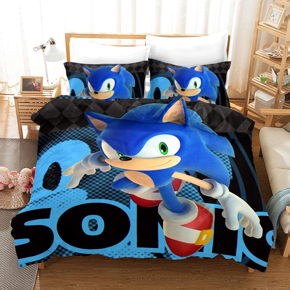 DUAKKI Soft & Durable Duvet Cover Sonic Bedding Set Single Double Size Sonic The Hedgehog Duvet Cover with 2 Pillowcases Cotton Microfiber Hypoallergenic Invisible Zipper Quilt Cover Sets for Children