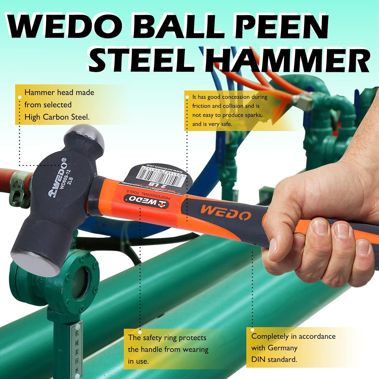 WEDO Juego de 2 martillos, martillo de bola de 1 libra y martillo de trineo de 3 libras, martillo de perforación/grieta, mango de fibra de vidrio resistente a los golpes