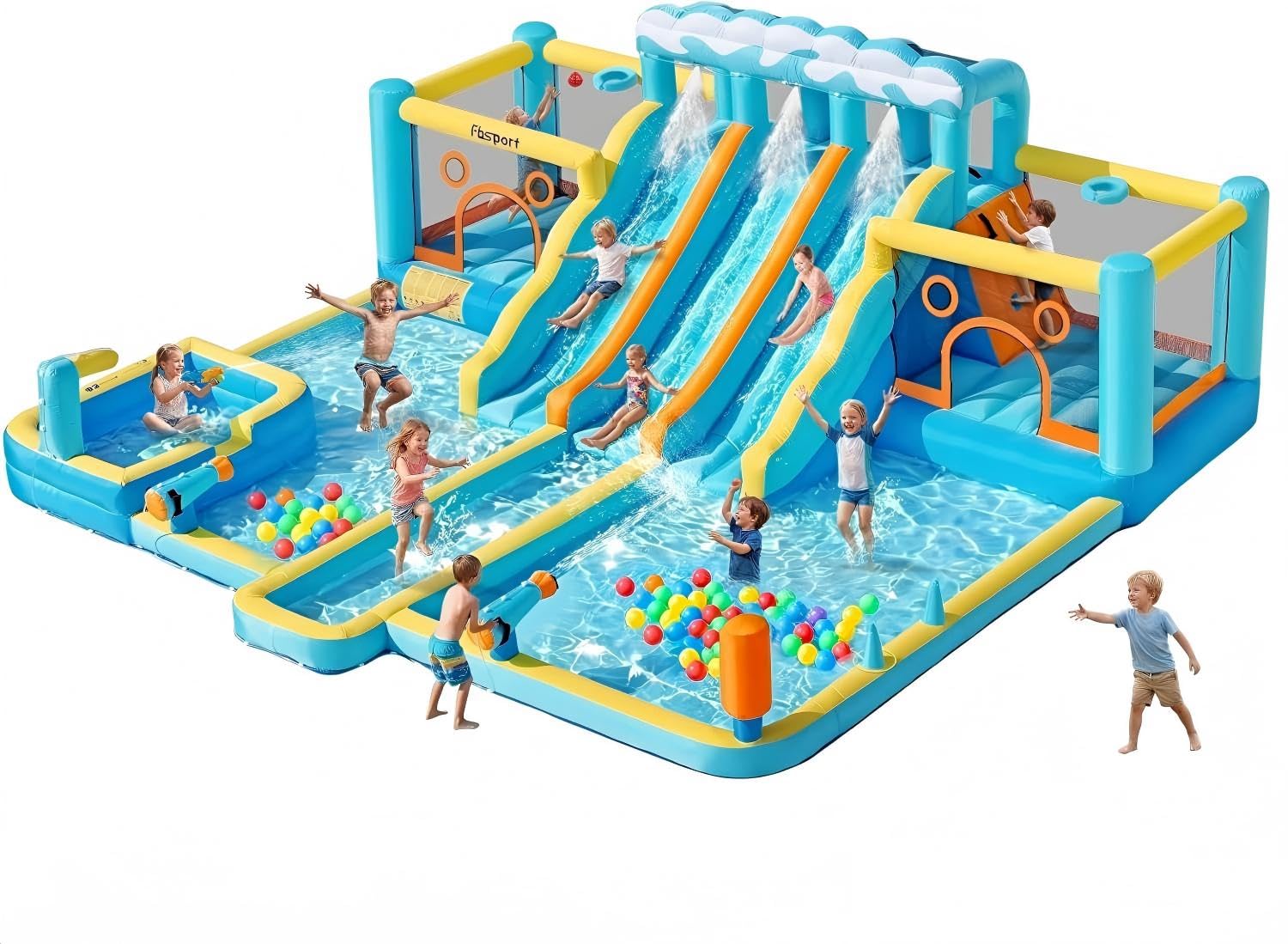 FBSPORT Aufblasbare Hüpfburg mit Gebläse,wasserpark hüpfburgen mit Wasserrutsche, Planschbecken, Sprungbereich & Kletterwand, für Innen- und Außenbereich