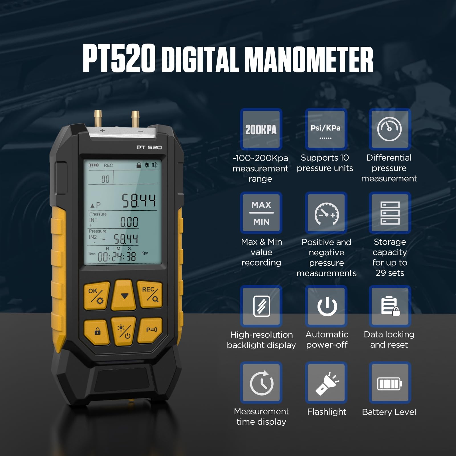 Manómetro digital PT520 Manómetro de presión de aire -100-200 KPa Resolución 0,1 Presión de aire 10 unidades Manómetro digital HVAC de doble puerto Probador de presión de gas