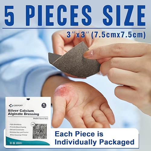 Miniatura 5 de Ceeport Apósito para heridas de alginato de calcio plateado de 3 x 3 pulgadas, paquete de 5 unidades, gasa altamente absorbente, apósito plateado