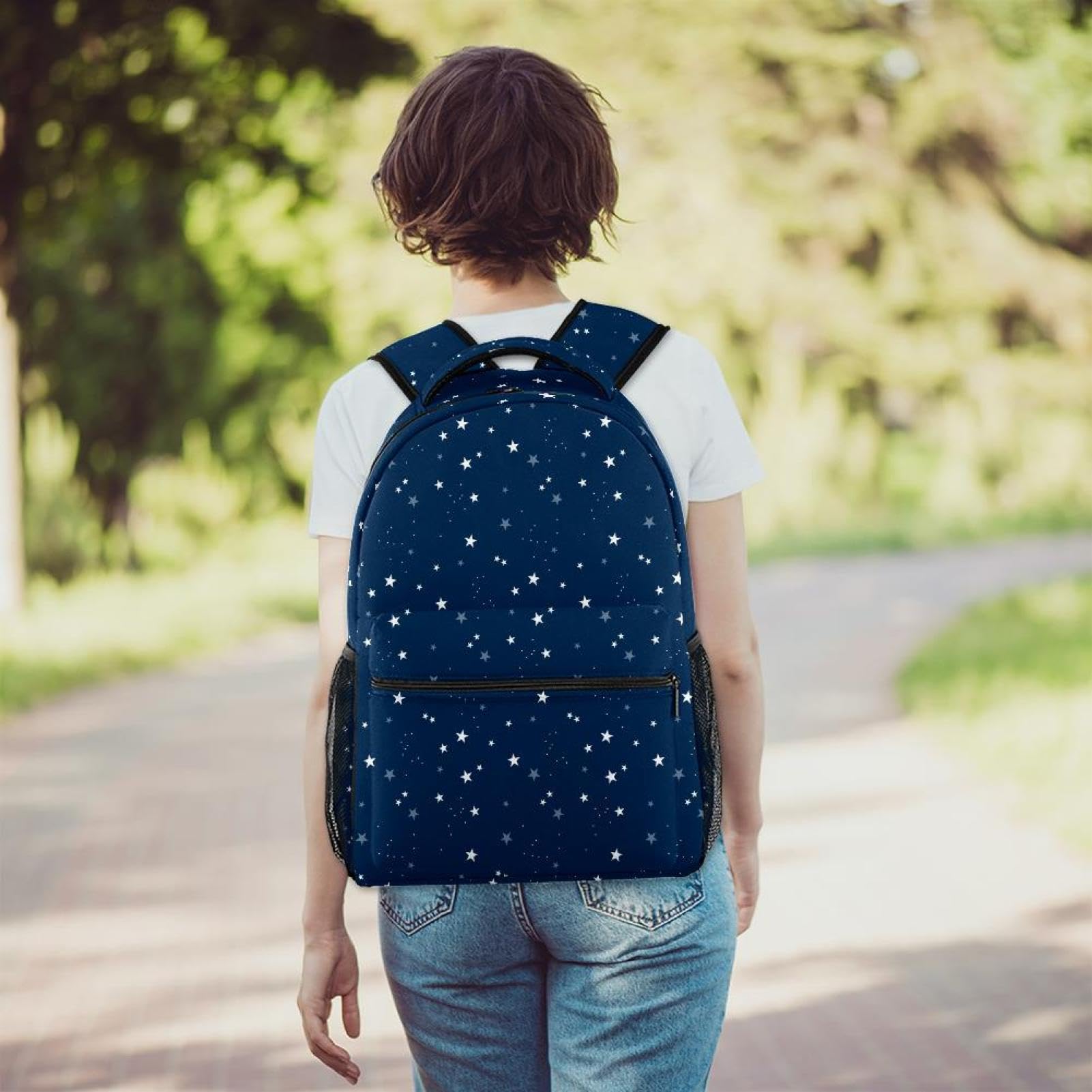 Zaino scolastico per uomini e donne, borsa da viaggio per computer portatile blu scuro con stelle, zaino leggero per università, zaino casual per libri