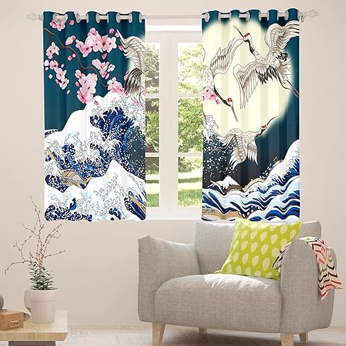 Miniatura 3 de Erosebridal Cortinas japonesas con diseño de grúas y flores de cerezo, patrón de olas de mar, juego de tratamiento de ventana tradicional retro para