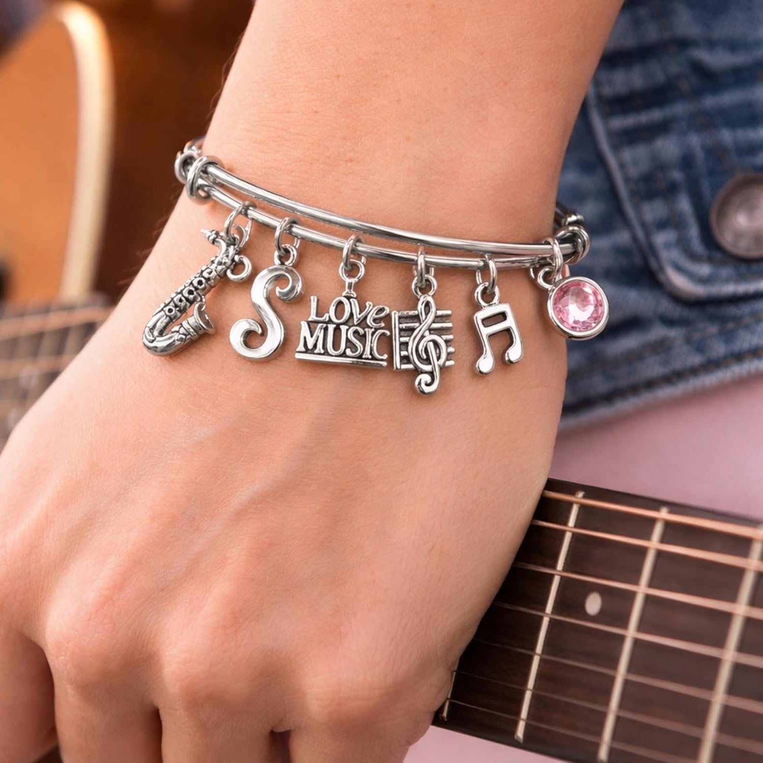 Infinity Collection Personalized Saxophone Charm Bracelet with Initial and Birthstone, Expandable Bangle, Love Music Jewelry Gift for Women Girls Band Students Musicians