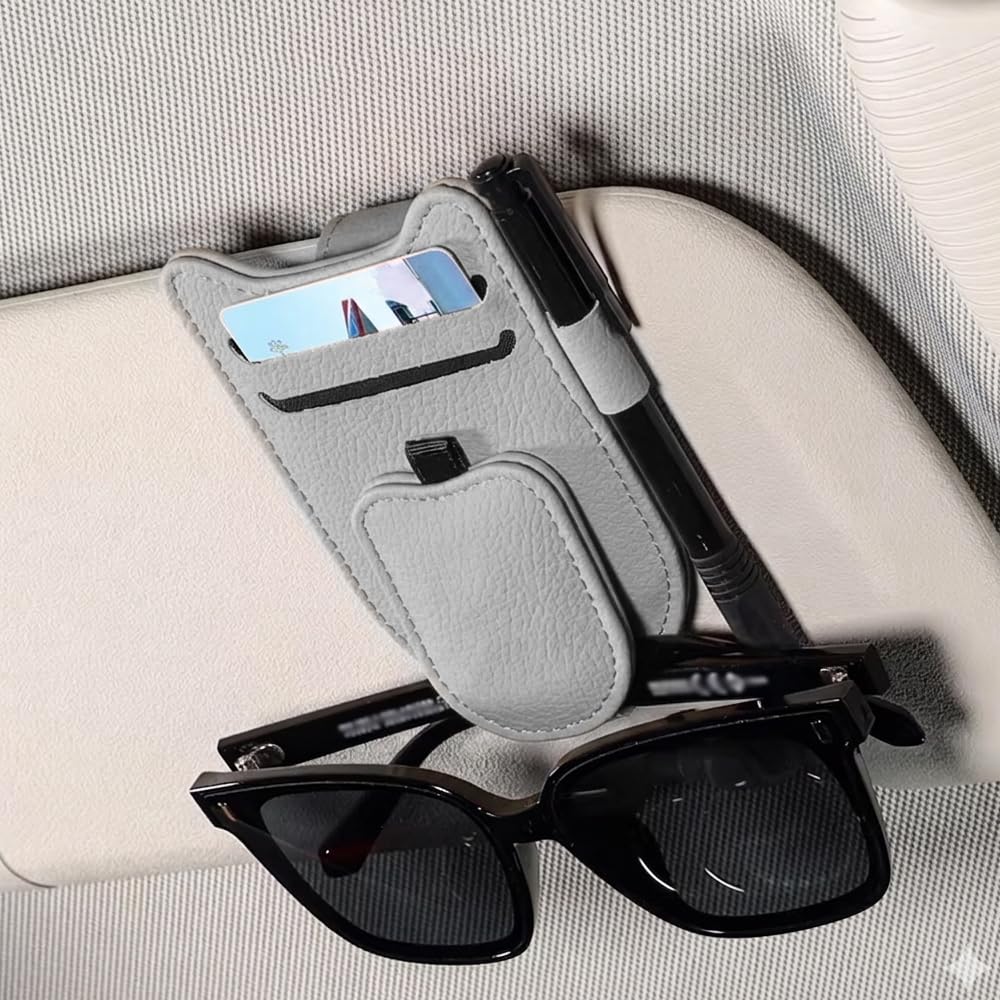 QIZUN Car Sunglasses Holder for BMW E87 M Leistung E36 E46 E60 E90 E91 E92 E93 F30 F20 M3, Sun Visor Glasses Clip with Card and Pen Holder, Leather Interior Storage Organiser,Grey