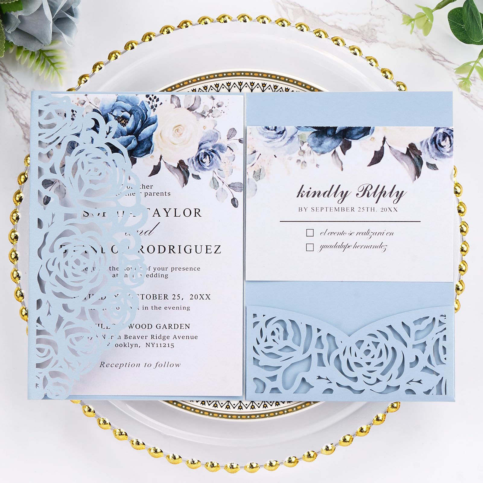 AdasBridal Hochzeitseinladungen mit Umschlägen und RSVP-Karten, Babyblau, lasergeschnitten, 50 Stück