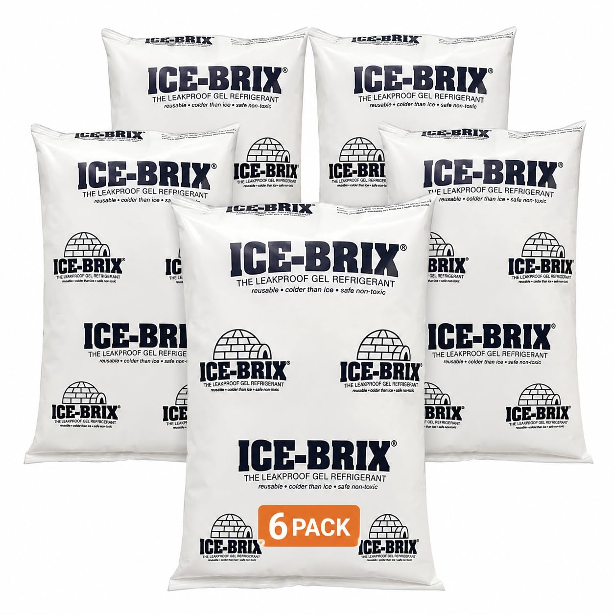 ICE-BRIX Reusable Gel Ice Packs for Shipping, 10.25 x 8 x 1.5 in, 48 oz White (6 Pack) - Jumbo Cold Packs for Large Coolers, Frozen Food Shipping, Seafood, Meat &amp; Perishables