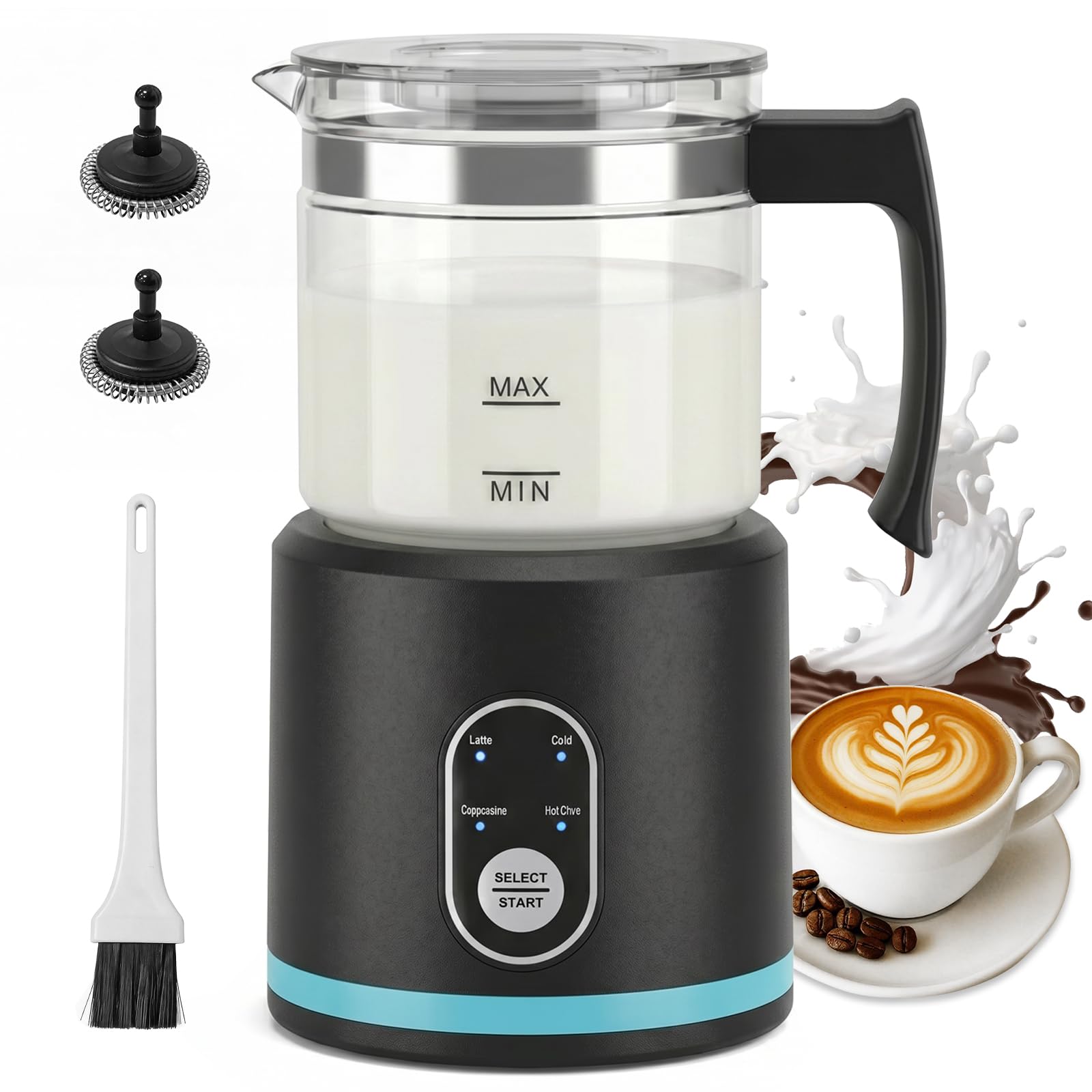 Espumador de Leche Eléctrico, Calentador de Leche 4 en 1 para Espuma Caliente y Fría, Silencio Apagado Automático Espumador Leche Electrico para Latte, Cappuccino, Chocolate Caliente