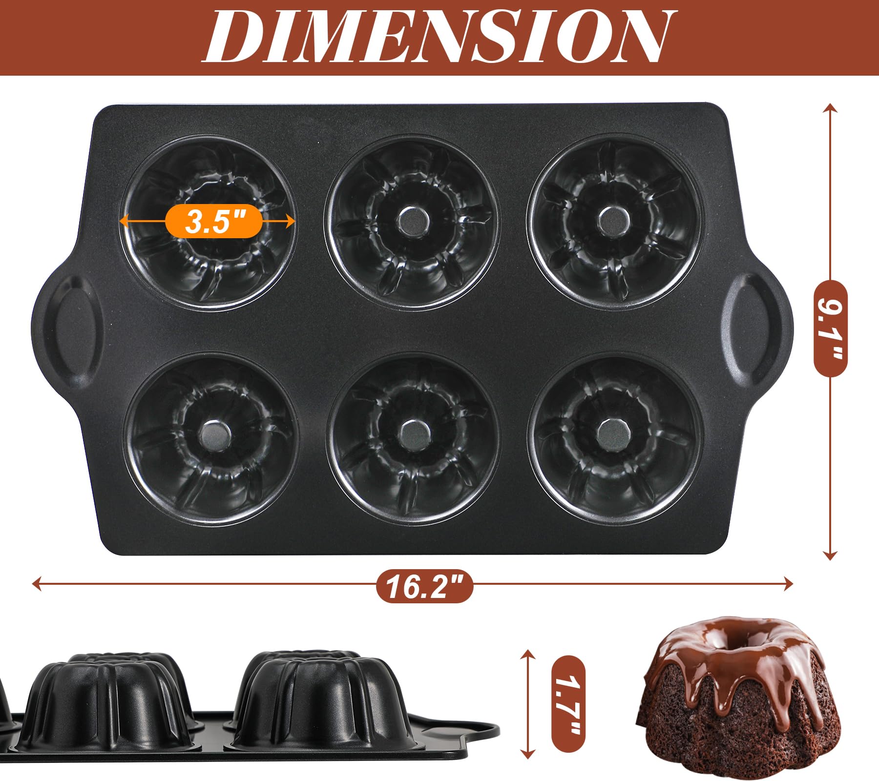 Webake Mini Bunt Moule à gâteau anti-adhésif en acier carbone épais de 8,9 cm à 6 cavités