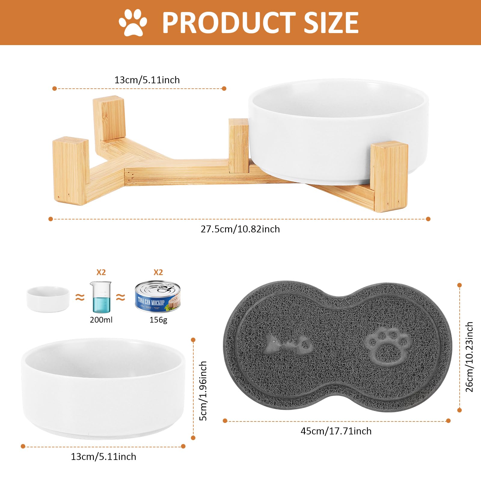 Gamelle Chat Surélevée, 2x400ML Gamelles pour Chat Double en Ceramique avec Support et Tapis Antidérapant, Eau Bol Anti Vomissement et Facile à Nettoyer, Convient Aussi Chien Lapins (Blanc)