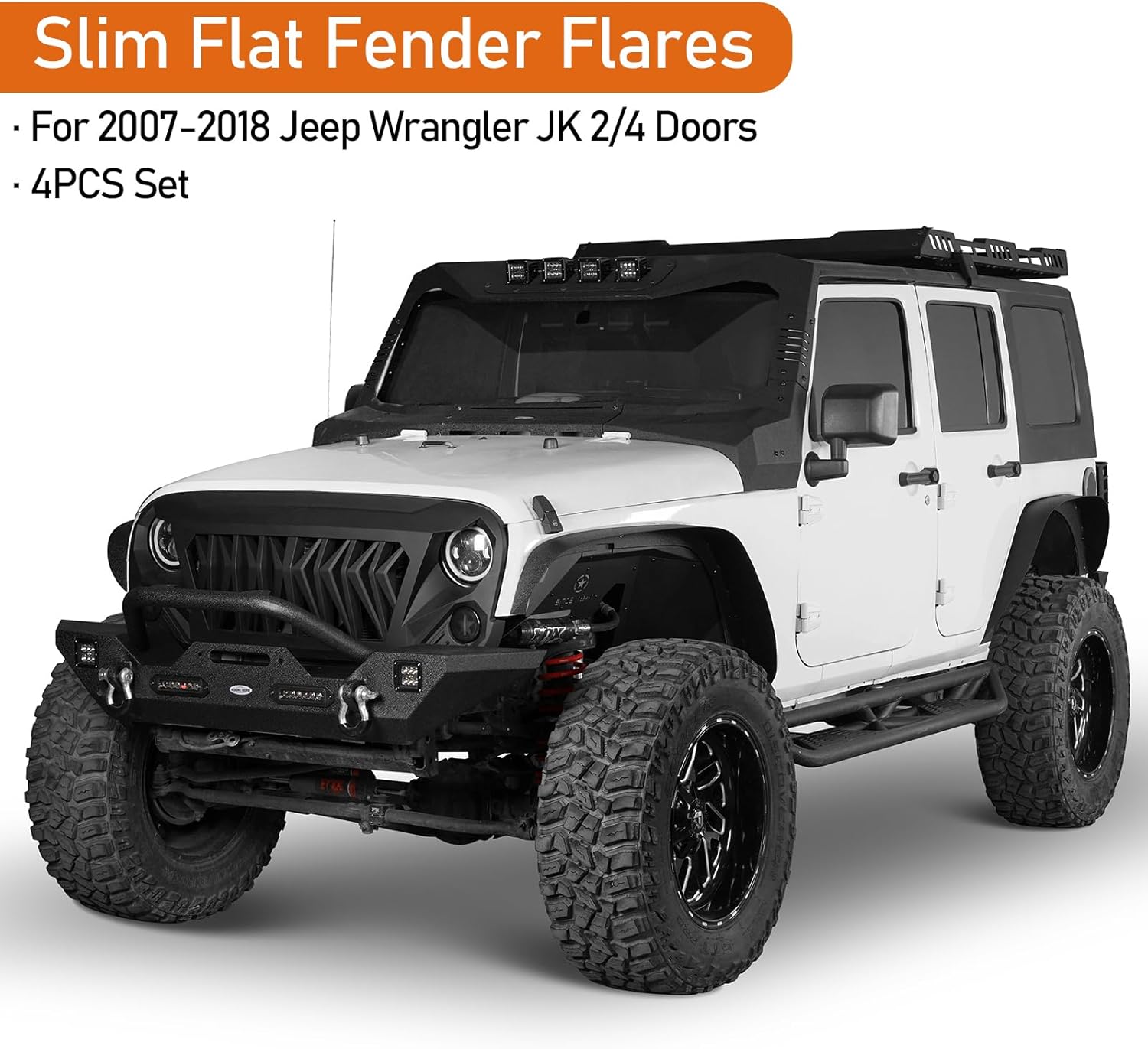 Hooke Road Wrangler JK Flat Fender Flares for 2007-2018 Jeep Wrangler JK JKU 2/4 Doors, Front & Rear Steel Fenders - 4PCS Set