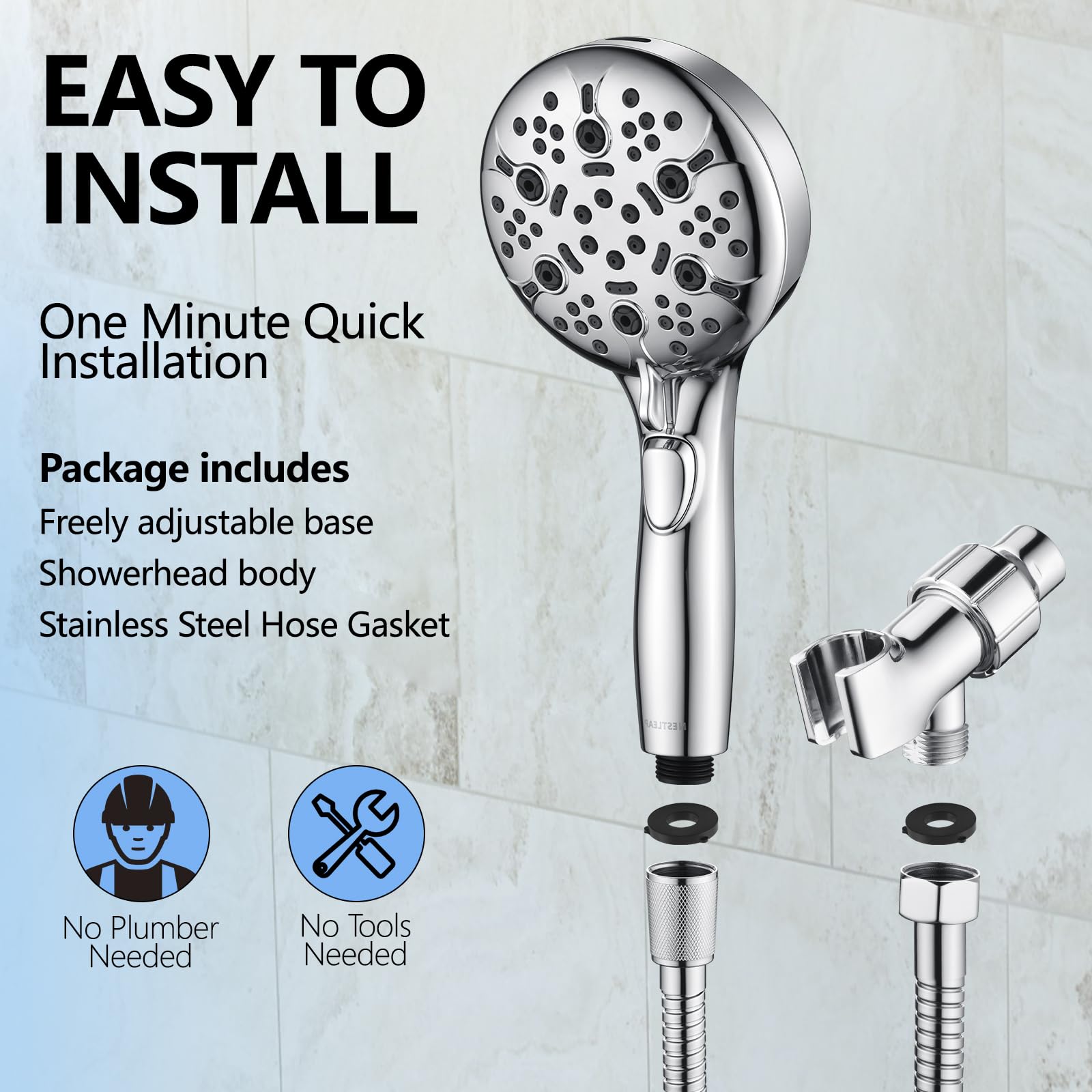 Cabezal de ducha de mano, 9 ajustes, regadera de alta presión, cabezal de ducha con rociador eléctrico de mano integrado, manguera de acero inoxidable extralarga de 79 pulgadas y soporte para