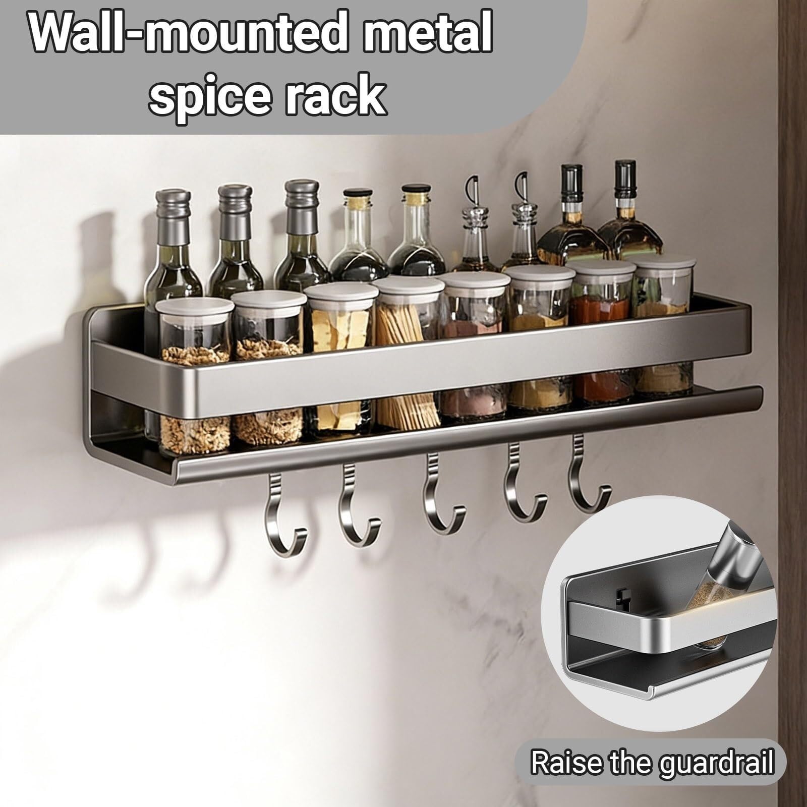 Wandmontiertes Gewürzregal für die Küche – Metall-Gewürz-Organizer, platzsparendes Aufbewahrungsregal für Öl, Salz, Soße, Essig, einfache Installation ohne Bohren