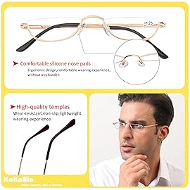 KoKoBin Half Reading Glasses - 2 Pairs Half Rim Metal Frame Glasses Spring Hinge Readers for Men and Women, Black+Gold 2.75