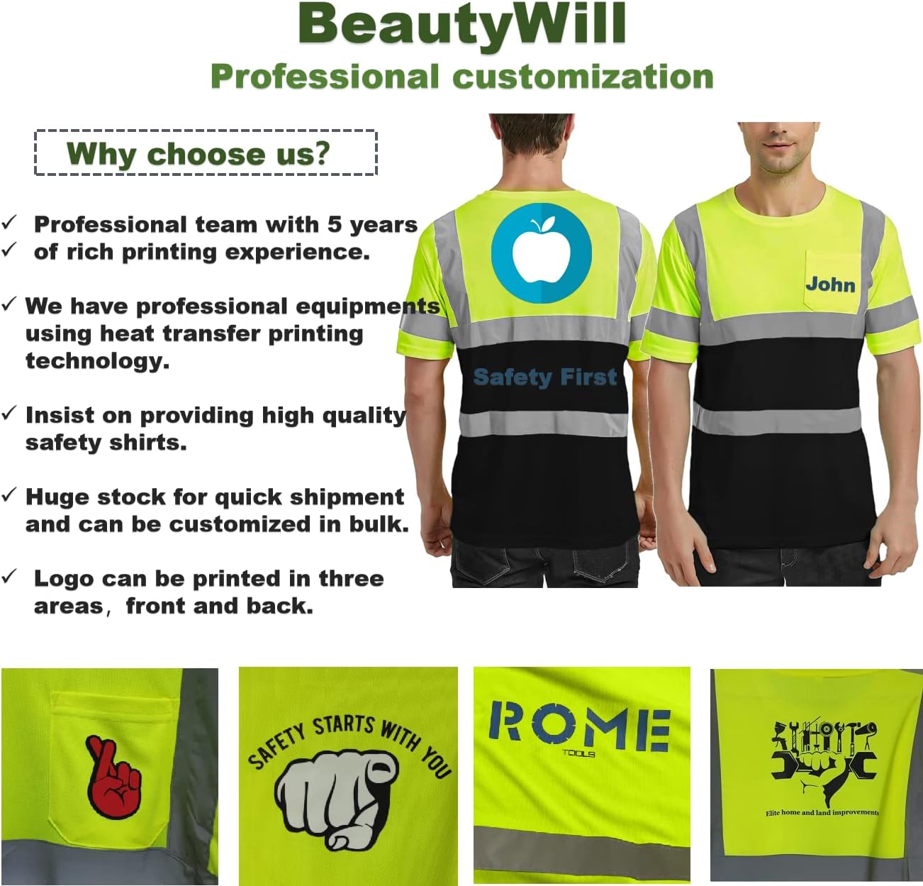BeautyWill Custom High Visibility Reflective Safety Jacket ANSI Class 3 Safety T Shirts with Pocket