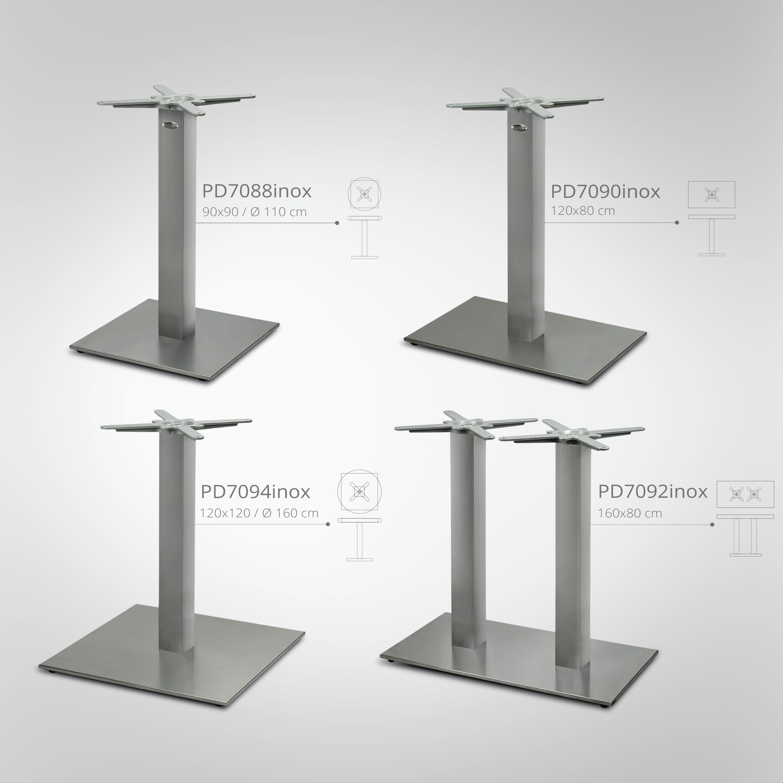 Tischgestell Tischbein Edelstahl | Premium | PD7094inox | INOX | Esstisch | Höhe 73 cm | 33 kg | Bodenplatte 60x60 cm | max. Tischplattengröße 120x120 / Ø 160 cm