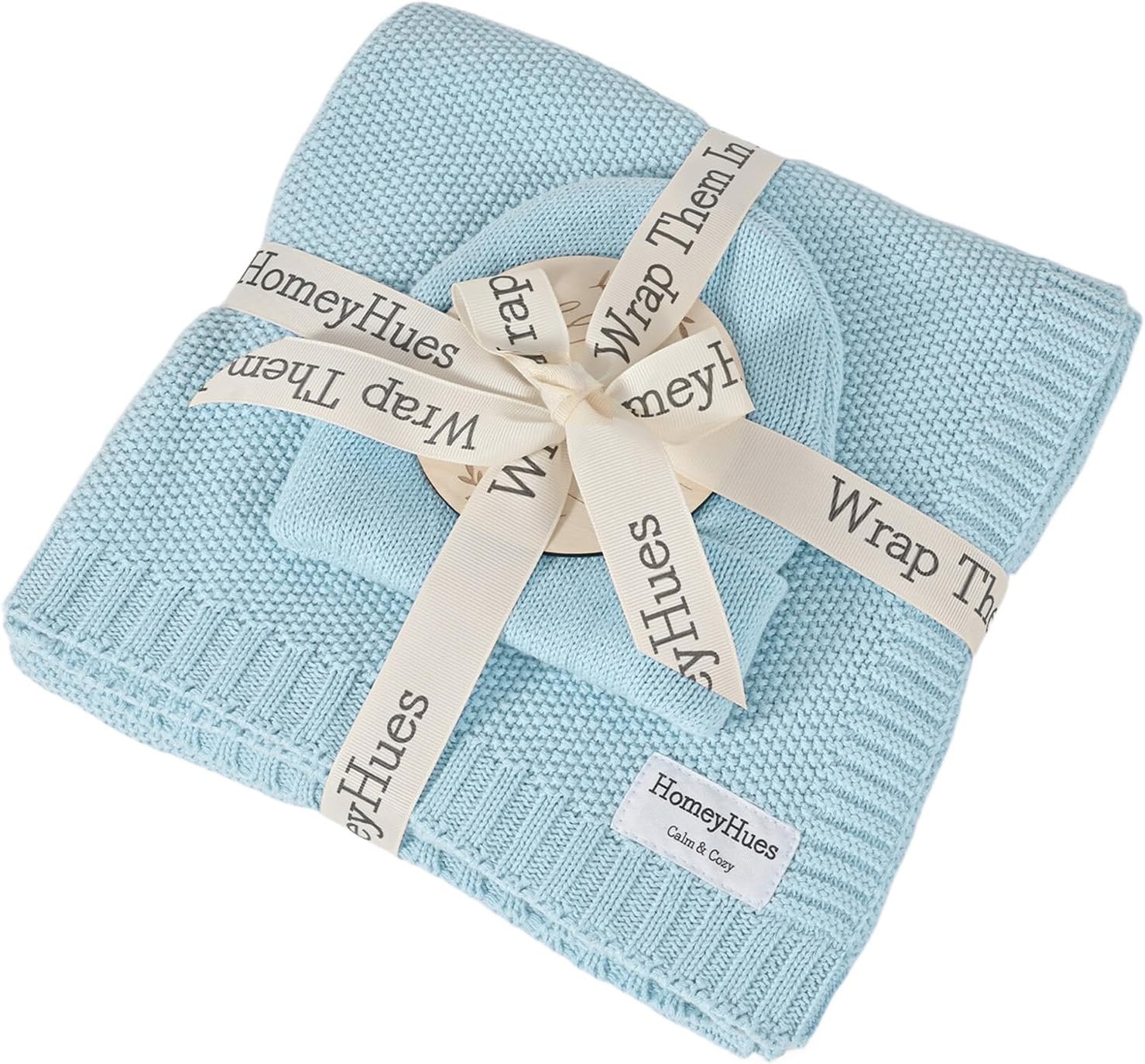 Luxury Baby Gift Set for Newborns - 100% Cotton Knit Blanket Essentials with Matching Beanie, Thoughtful Baby Shower & New Baby Gift for Boys & Girls(Angel Blue)