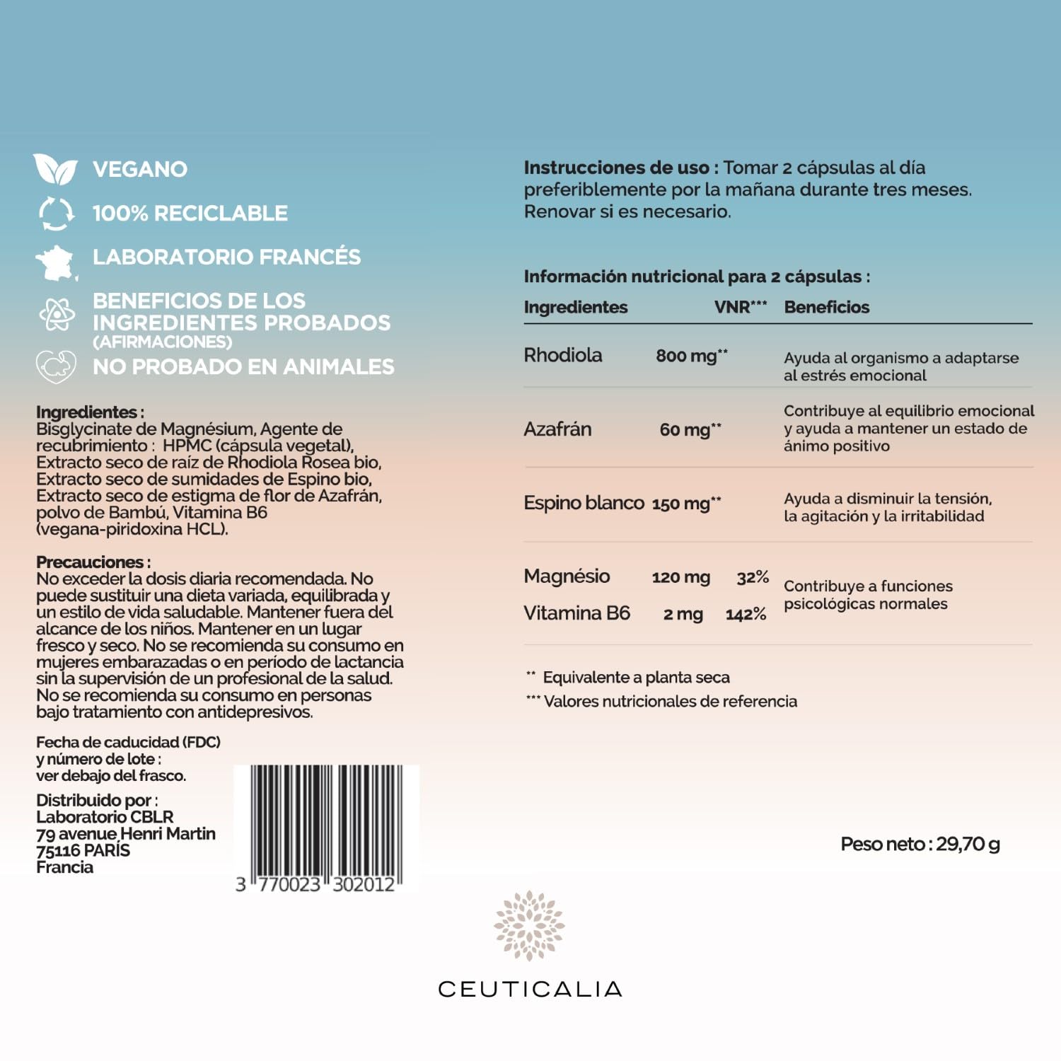 Complemento Alimenticio Antiestrés y Buen Humor - Estrés, Ansiedad, Bienestar, Relajante - Para Adultos - Magnesio, Vitamina B6, Azafrán, Rodiola, Espino Blanco - 180 Cápsulas, 90 Días