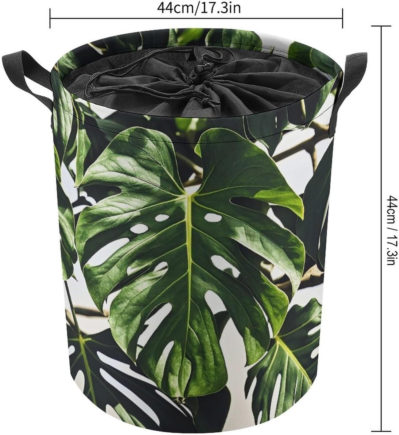 Black Green Leaves Laundry Bag Large Collapsible Laundry Baskets Freestanding Waterproof Clothes Hamper with Handles & Drawstring for Laundry Room Bedroom Bathroom