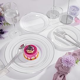 Supernal 200pcs Silver Plastic Dinnerware Sets for 25 Guests included Silver Silverware Set & Plastic Plates heavy duty Disposable Cups and Paper Napkins Disposable for Party Birthday and Wedding