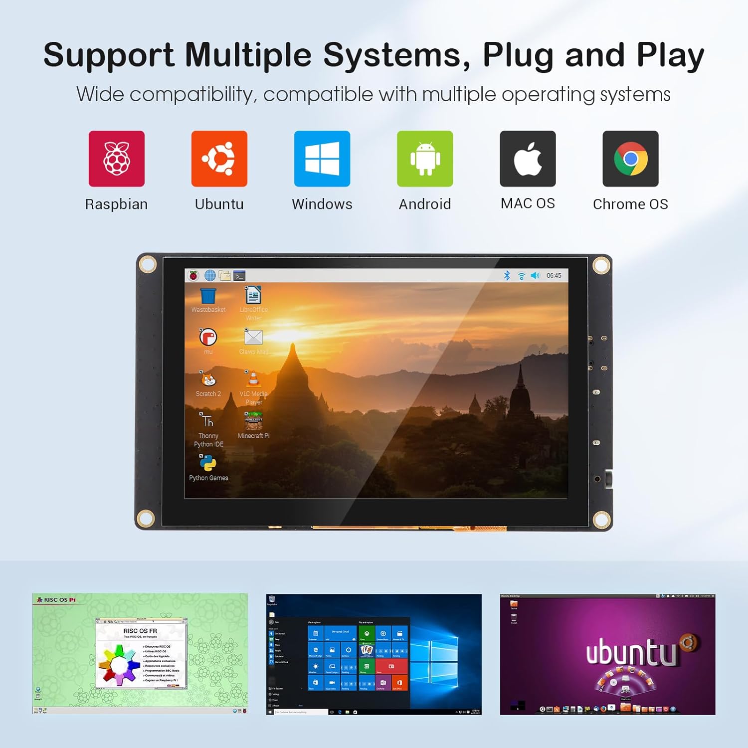 Image showing the ELECROW 5-Inch Mini Touchscreen Monitor displaying various operating systems like Raspbian, Ubuntu, Windows, Android, Mac OS, and Chrome OS, highlighting its multi-system support.