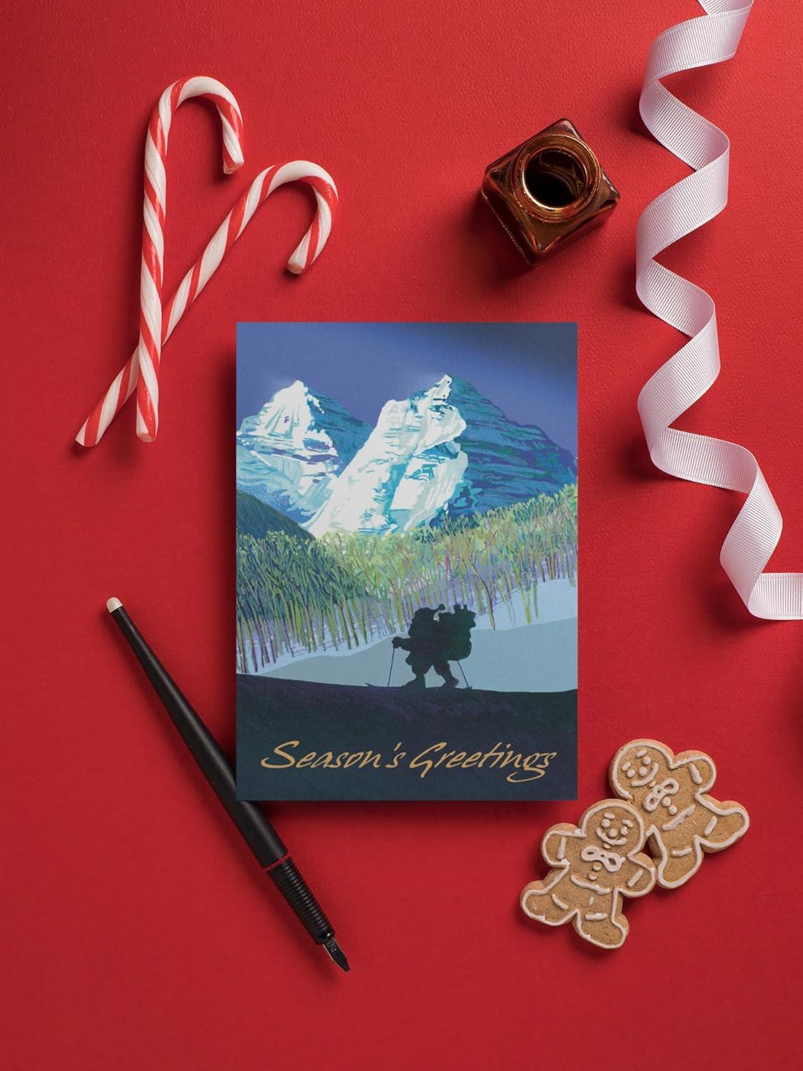 Stonehouse Collection | Custom Winter Skiing Santa Christmas Card | Cross Country Rocky Mountdian Holiday Cards | 24 Cards and 25 White Envleopes (Personalized)