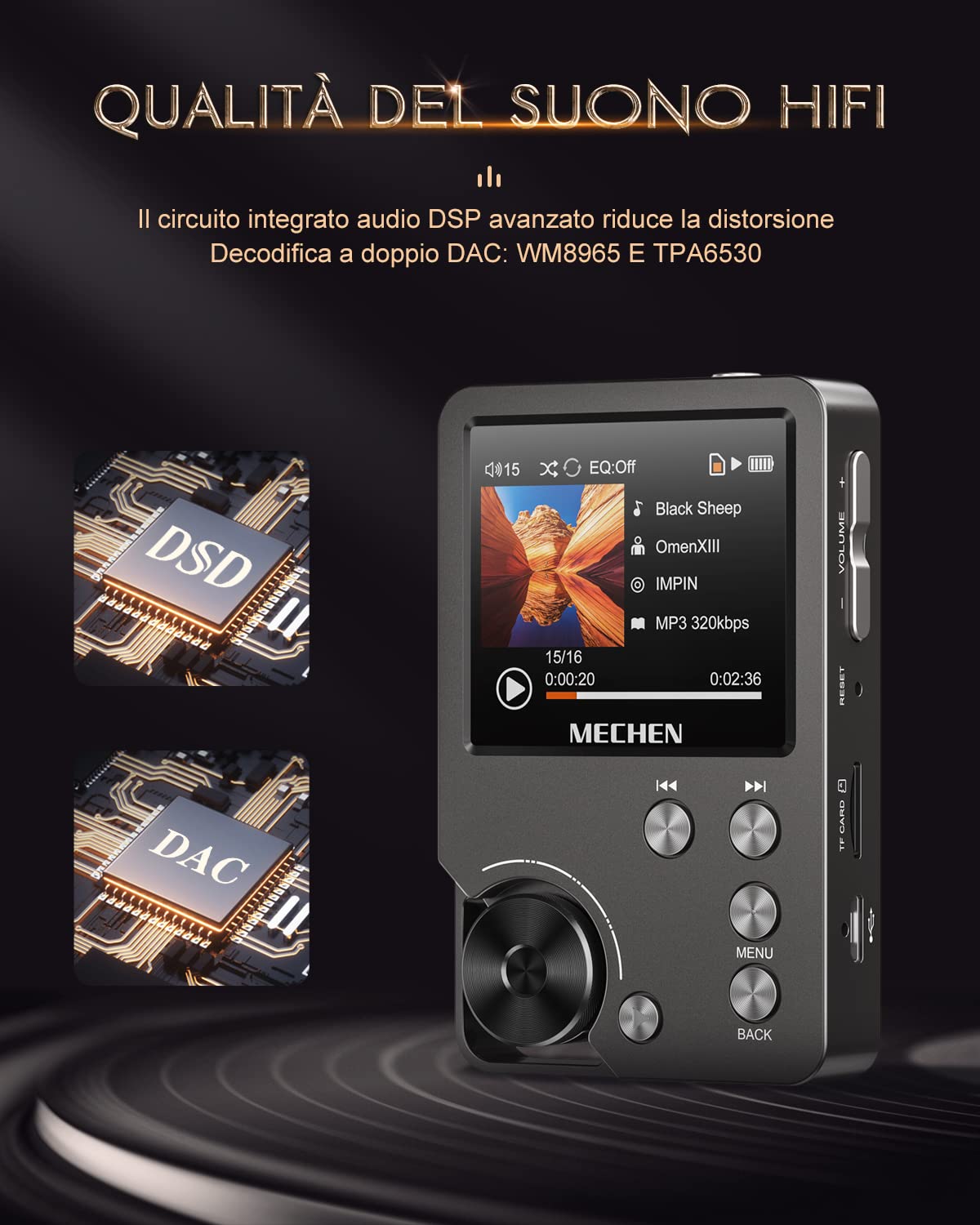 MECHEN M30 Lettore MP3 64GB, Hi Res Lettore FLAC Audio Digitale ad alta Risoluzione DSD Senza Perdita, Doppio DAC CUE Equalizzatore Rotella di Scorrimento, Memoria Espandibile a 256GB (Grigio)